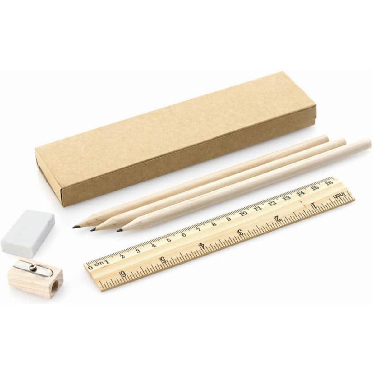 A stationary set featuring two wooden pencils, a ruler, an eraser, and a sharpener, all neatly packaged in a kraft box.