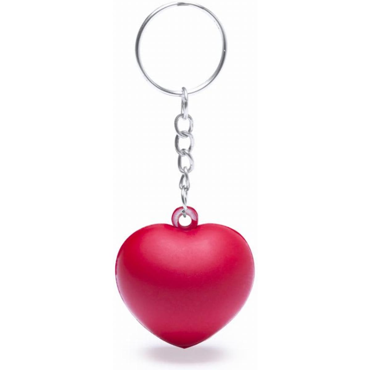 A red heart-shaped keychain with a metal ring and a chain attachment.