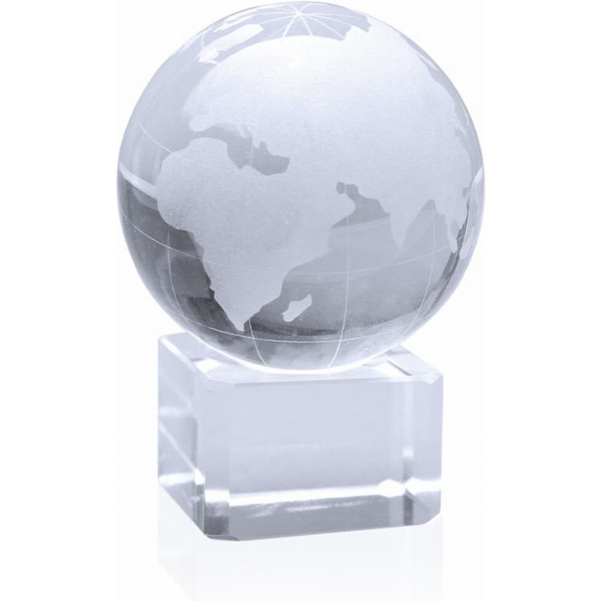 A crystal globe ornament with a clear base, showcasing an etched map of the world in shades of white and grey.