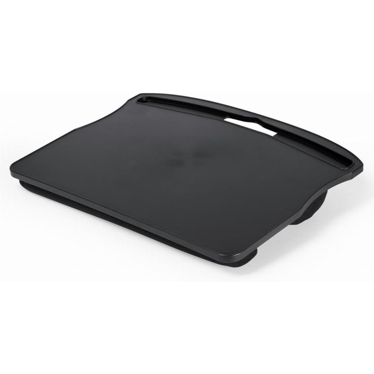 A black laptop tray with a raised back and a handle, featuring a smooth surface and curved edges.
