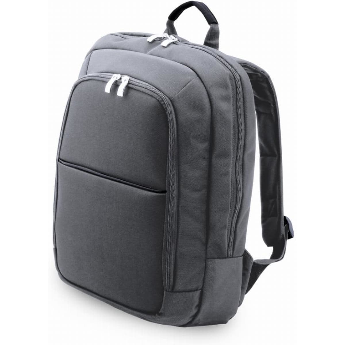 A grey backpack with two zippered compartments and padded shoulder straps. It has a minimalist design.