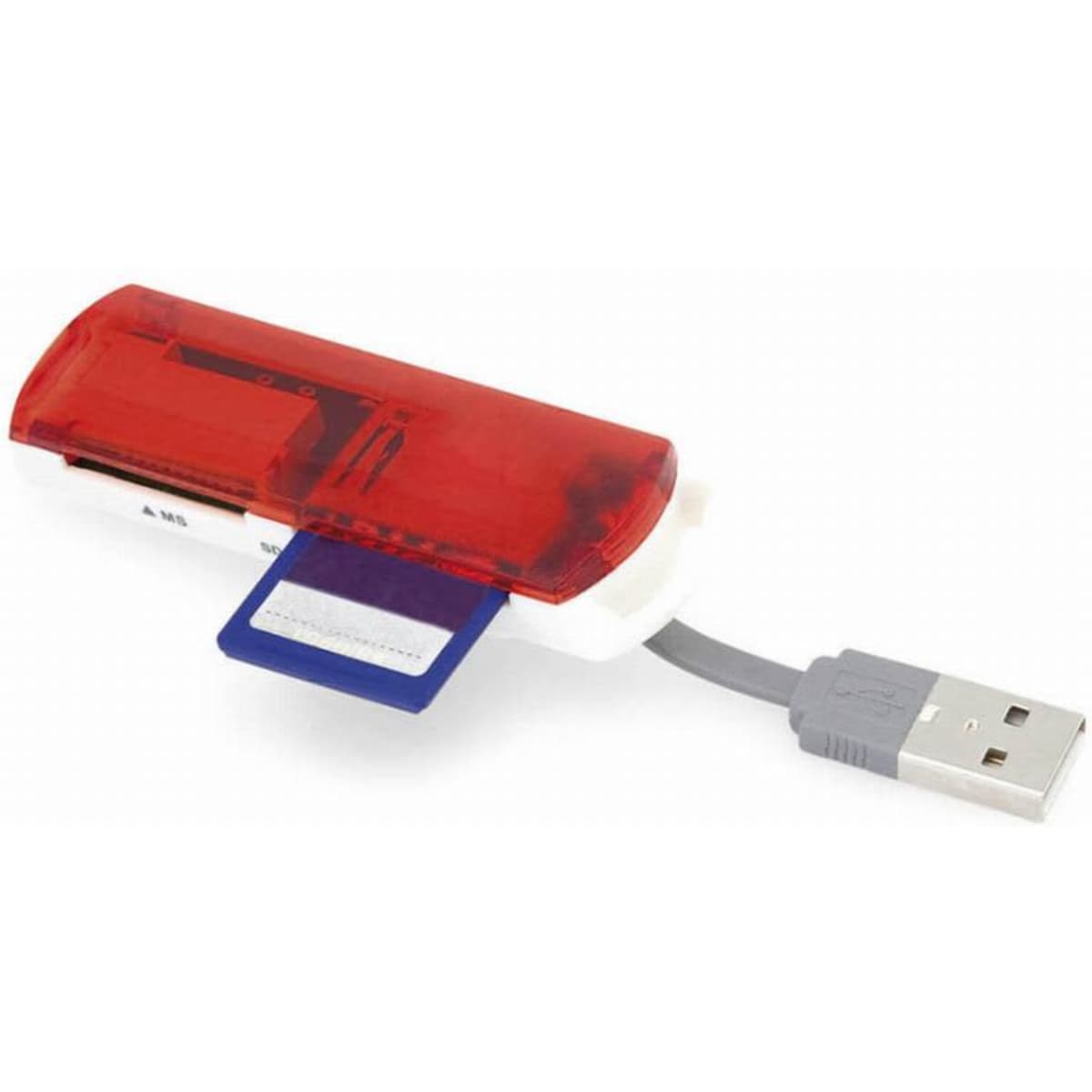 A USB card reader with a red casing and a grey cable, displaying a blue memory card inserted.