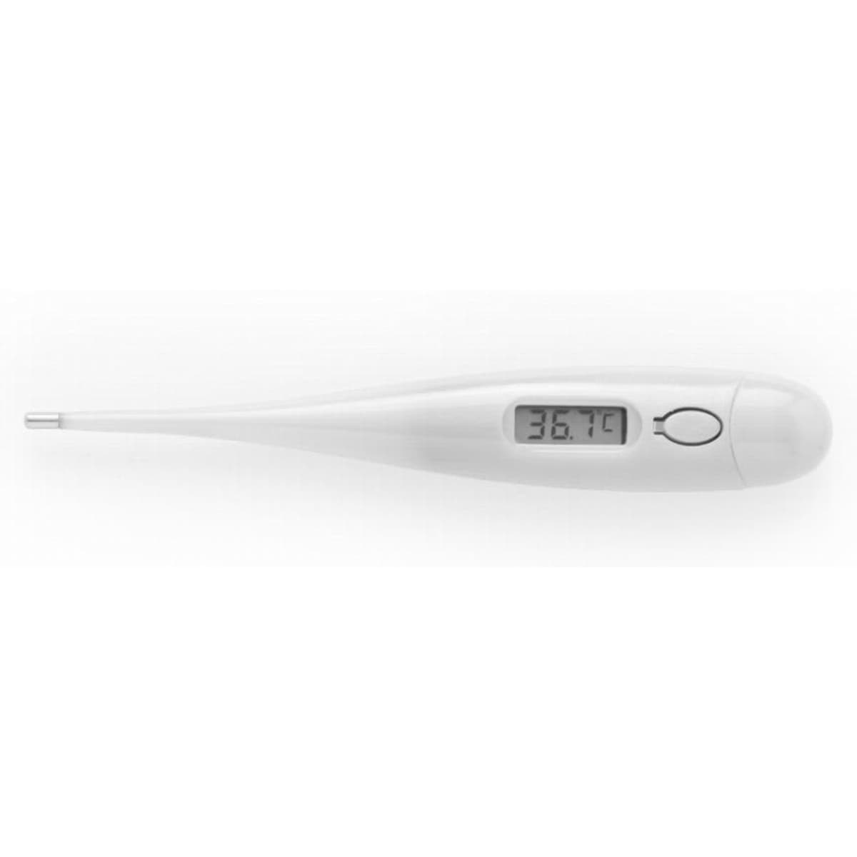 A digital thermometer in white, featuring a long tip and a clear display showing the temperature reading.