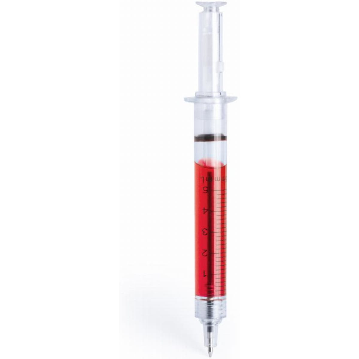 A syringe-shaped pen with a transparent body and red liquid, featuring measurement markings and a branding logo.