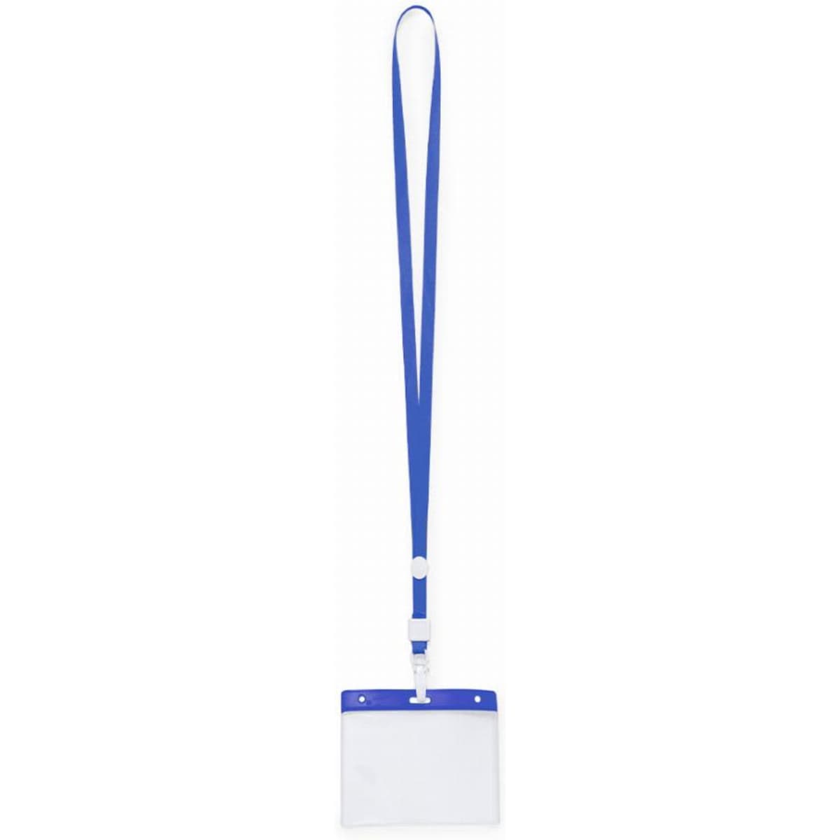 A blue lanyard with a clear ID badge holder attached. The badge holder is empty and rectangular in shape.