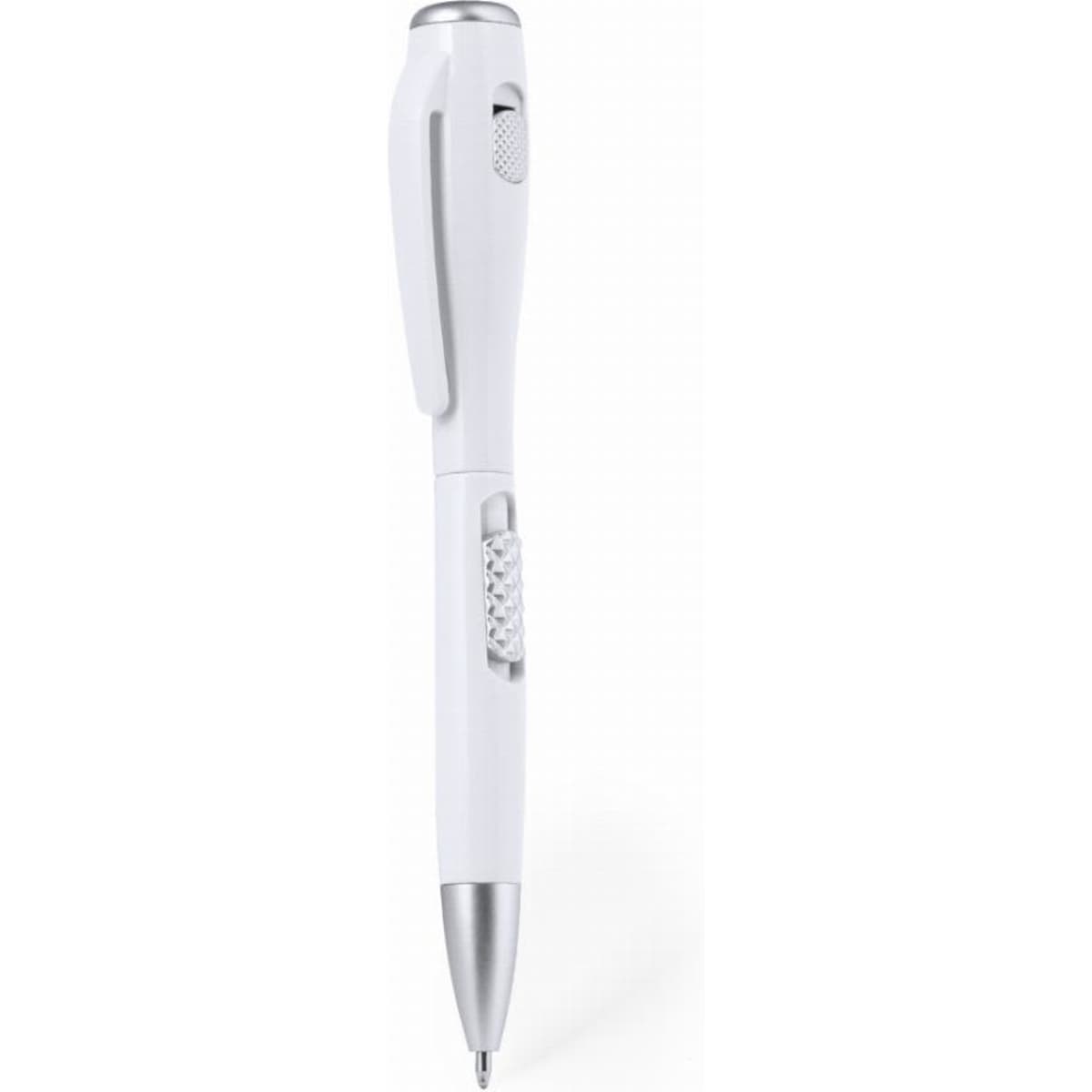 A white pen with silver accents, featuring a textured grip and a clip for convenience. It has a branding logo.