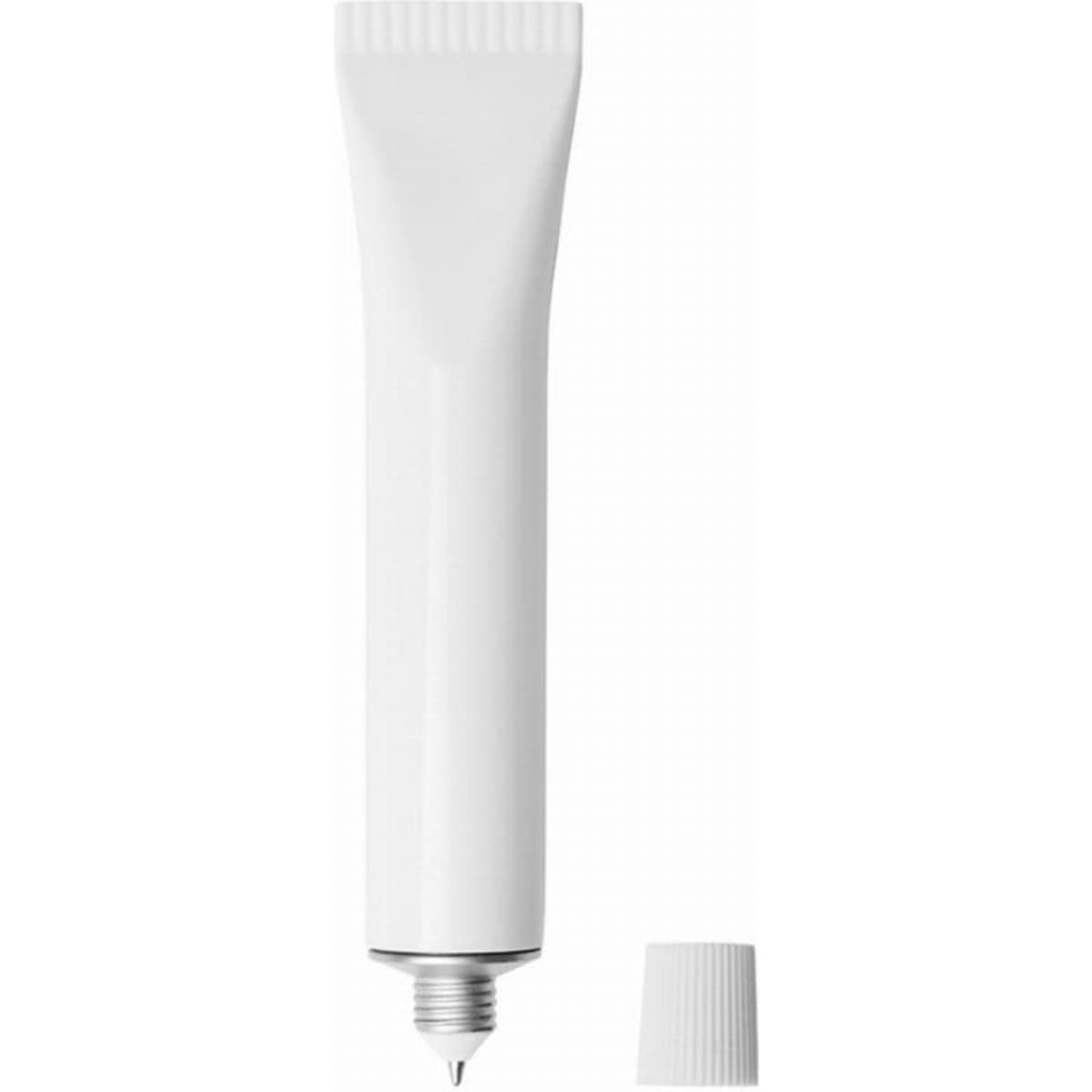 A white tube with a silver cap, featuring a pointed tip for dispensing contents.