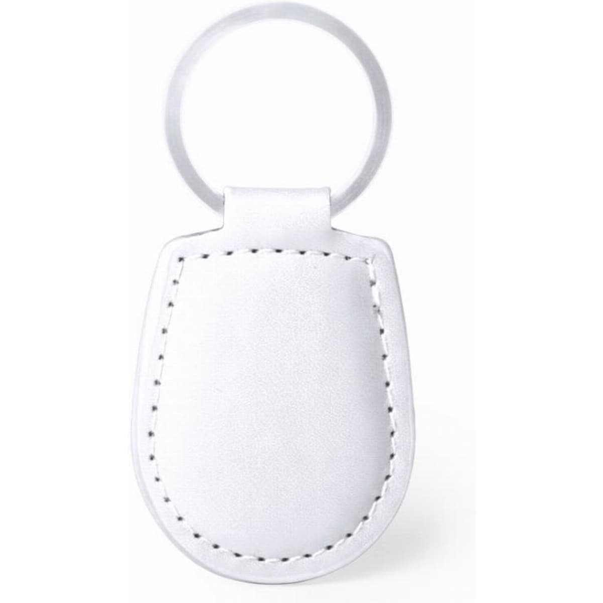 A white leather keyring holder with a metal ring, featuring stitched detailing.