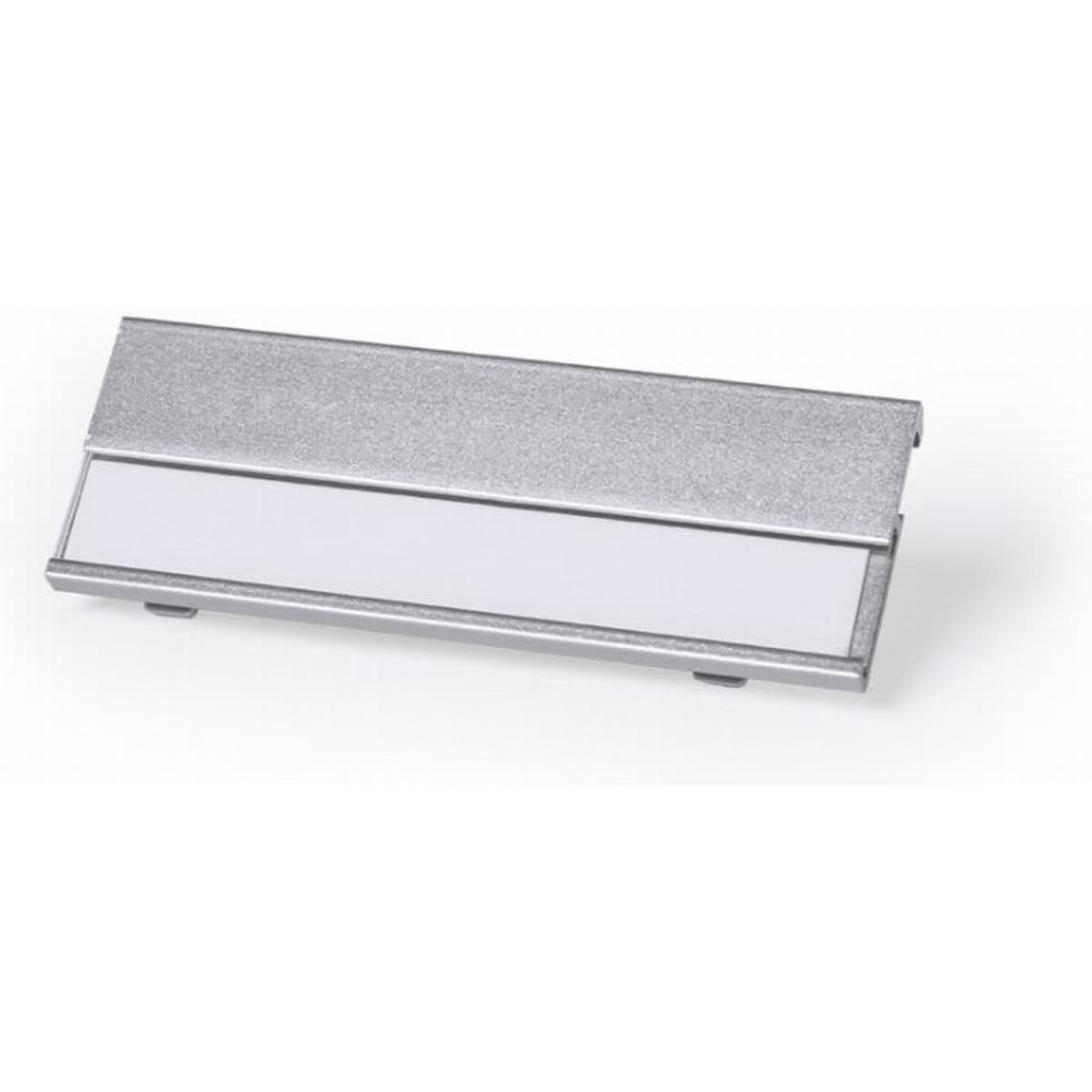A silver promotional product with a blank white section and a sleek, metallic finish.