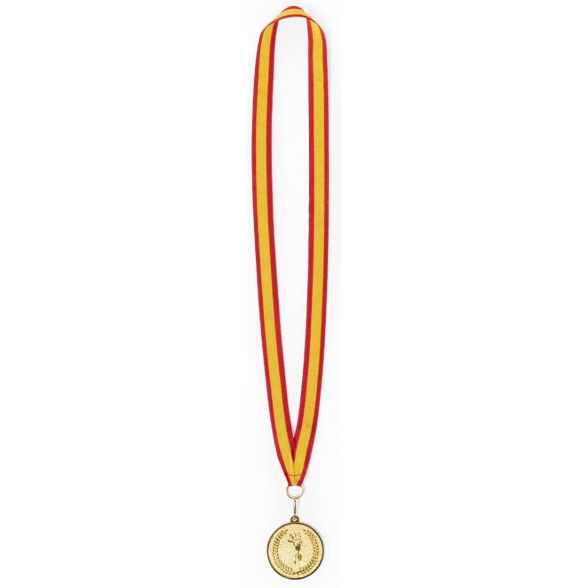 A gold medal with a ribbon featuring red and yellow stripes, hanging from a loop.