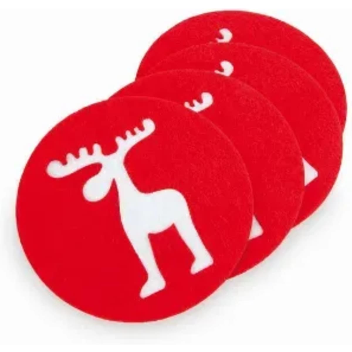 A set of four red coasters featuring a white moose silhouette design.