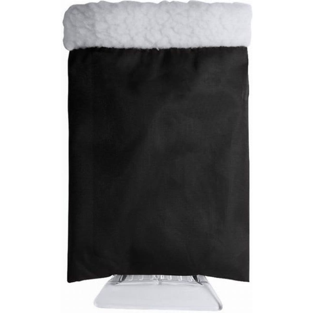 A drink bottle with a black sleeve and a white, fluffy top, featuring a hidden logo on the sleeve.