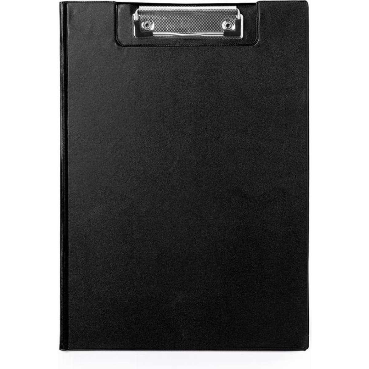 A black clipboard with a silver metal clip and a smooth surface for holding documents.
