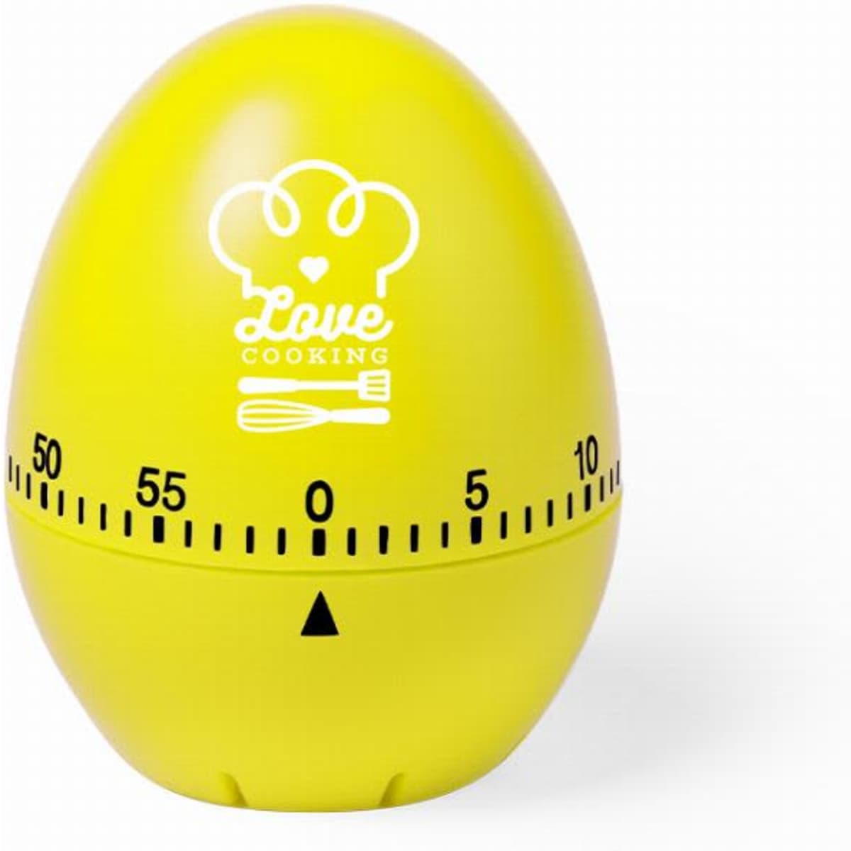 A yellow egg-shaped kitchen timer with a logo and numbered dial for timing cooking activities.