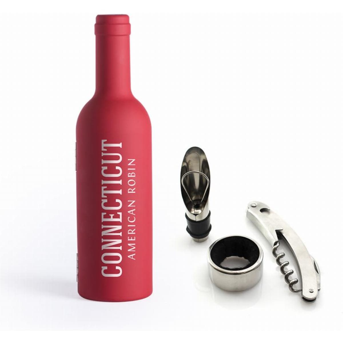 A drink bottle in red with a logo, accompanied by a pourer and a corkscrew.