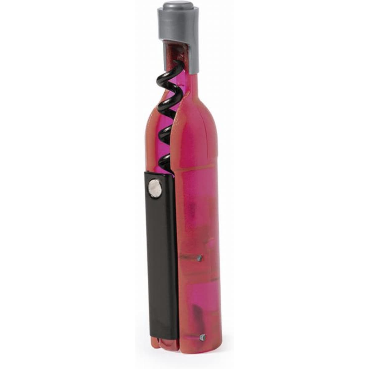 A drink bottle designed like a wine bottle, featuring a purple exterior, a corkscrew top, and a black base.