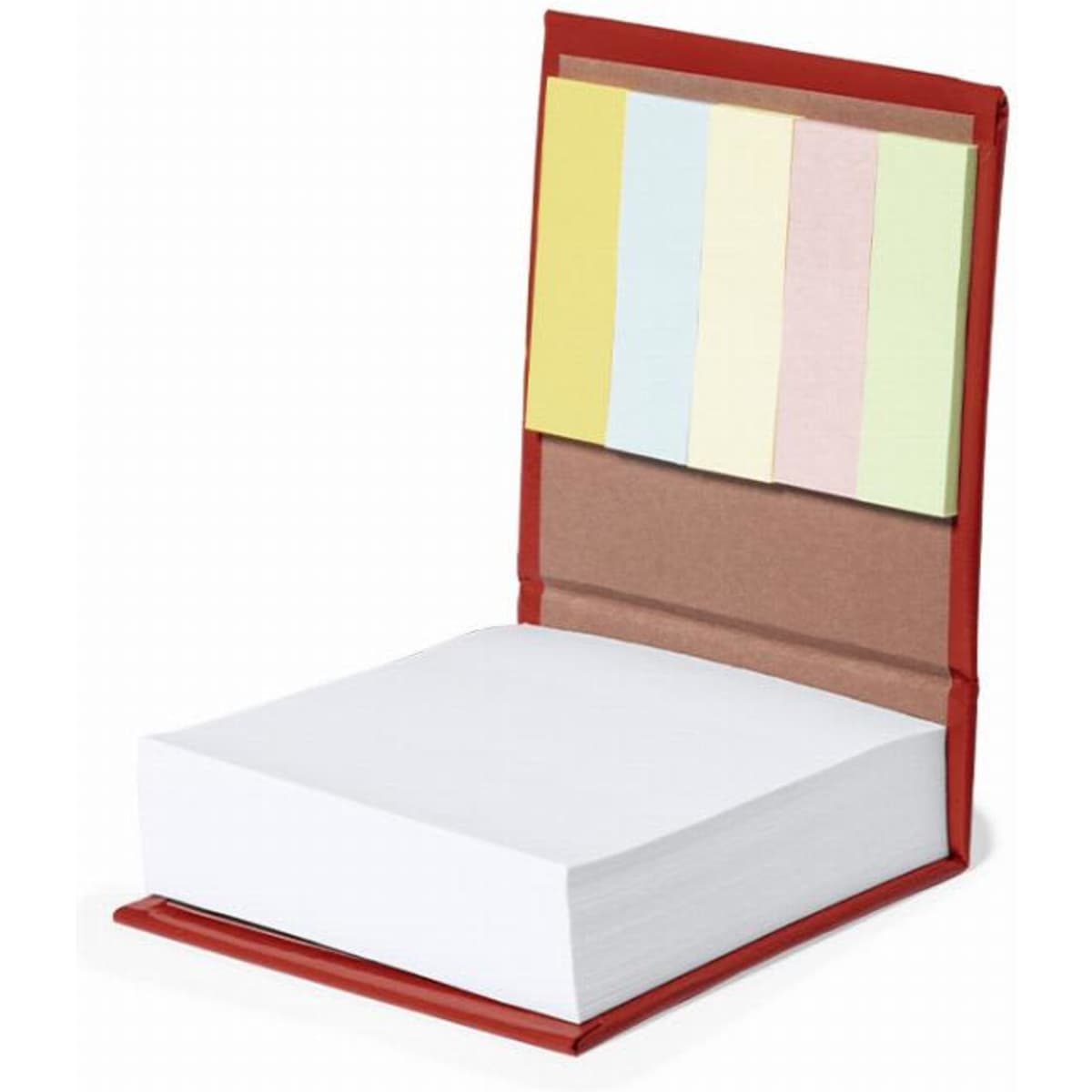 A red notebook with a blank white pages and a cover featuring coloured sticky notes attached.