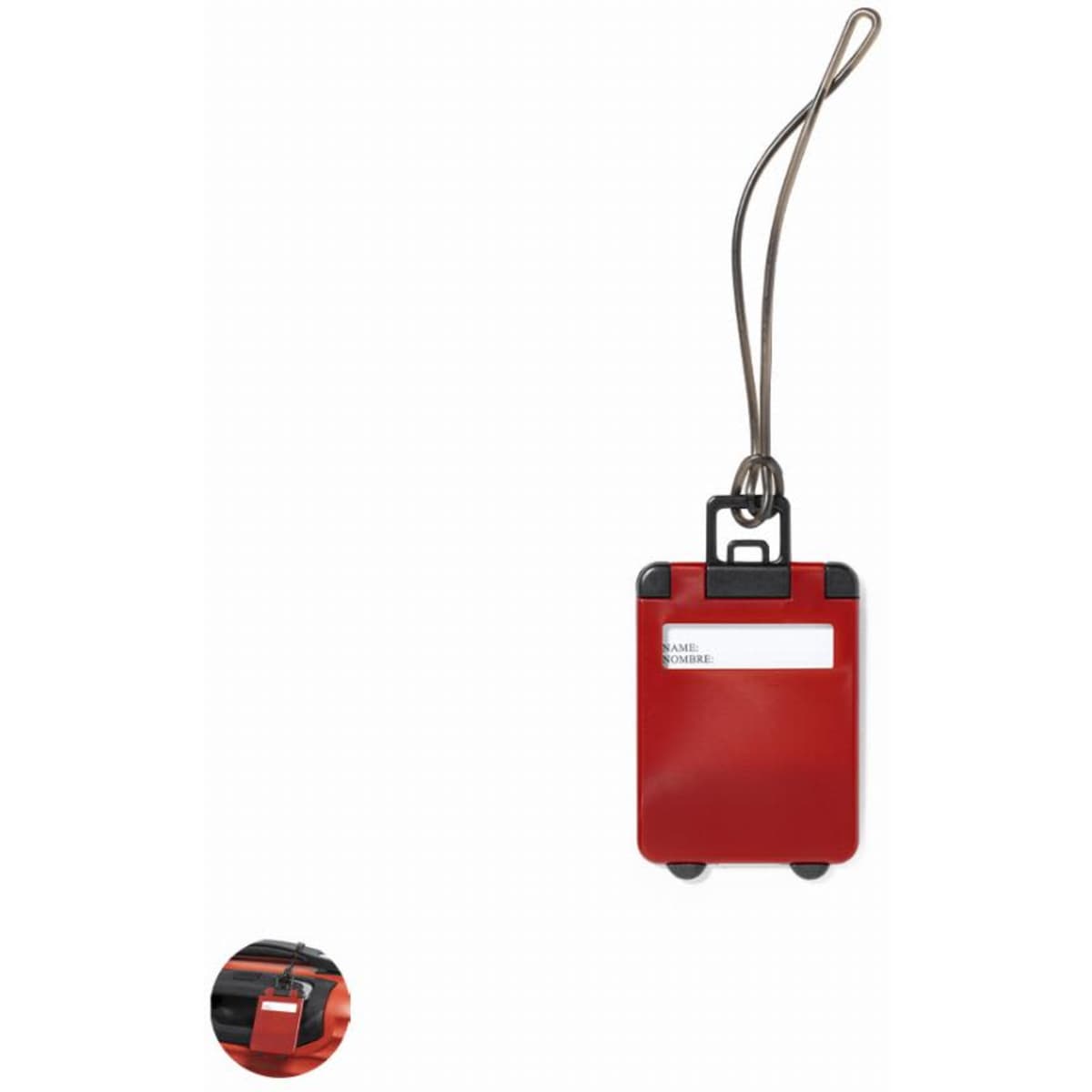 A red tag with a clear area for personal details, featuring a sturdy strap for easy attachment.