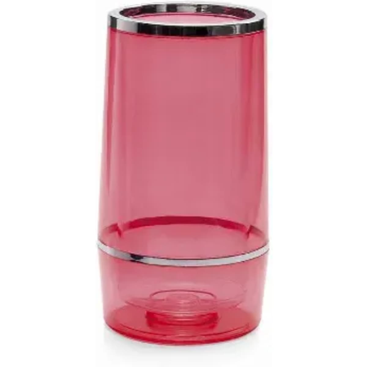 A red drink bottle with a silver band around the middle, featuring a sleek, transparent design.