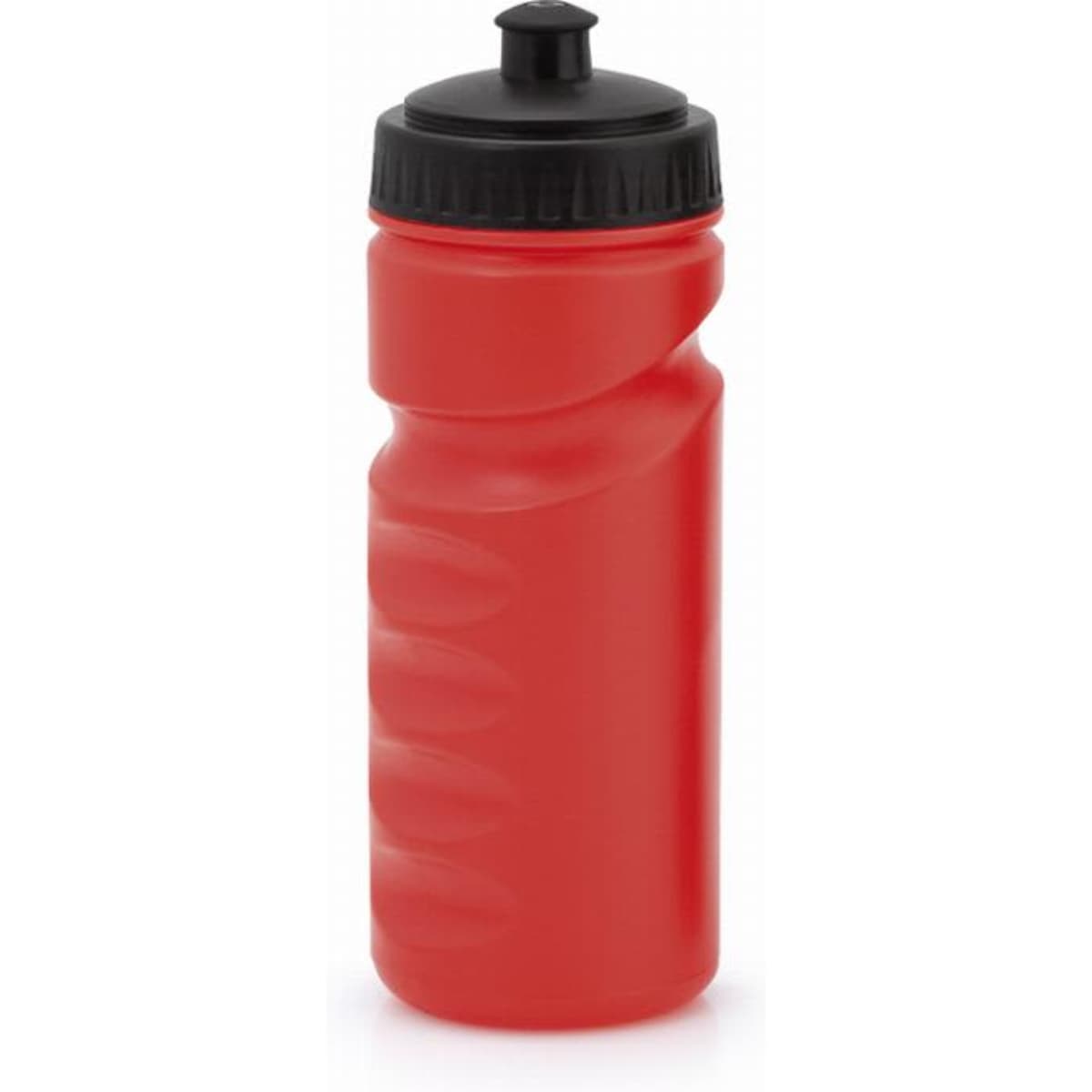 A drink bottle in vibrant red with a black cap and textured grip. It features a simple design and a branding logo.