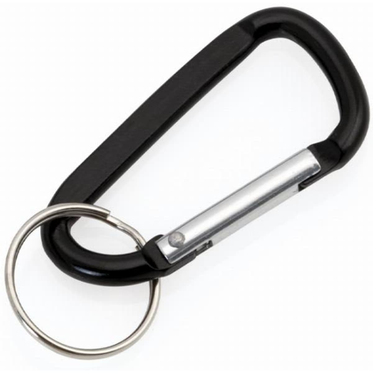 A black carabiner clip with a silver keyring attached. It has a sturdy design and a metal finish.