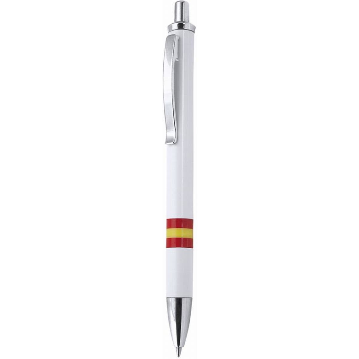 A white pen with a silver clip and red and yellow stripes around the barrel. It has a logo on the side.