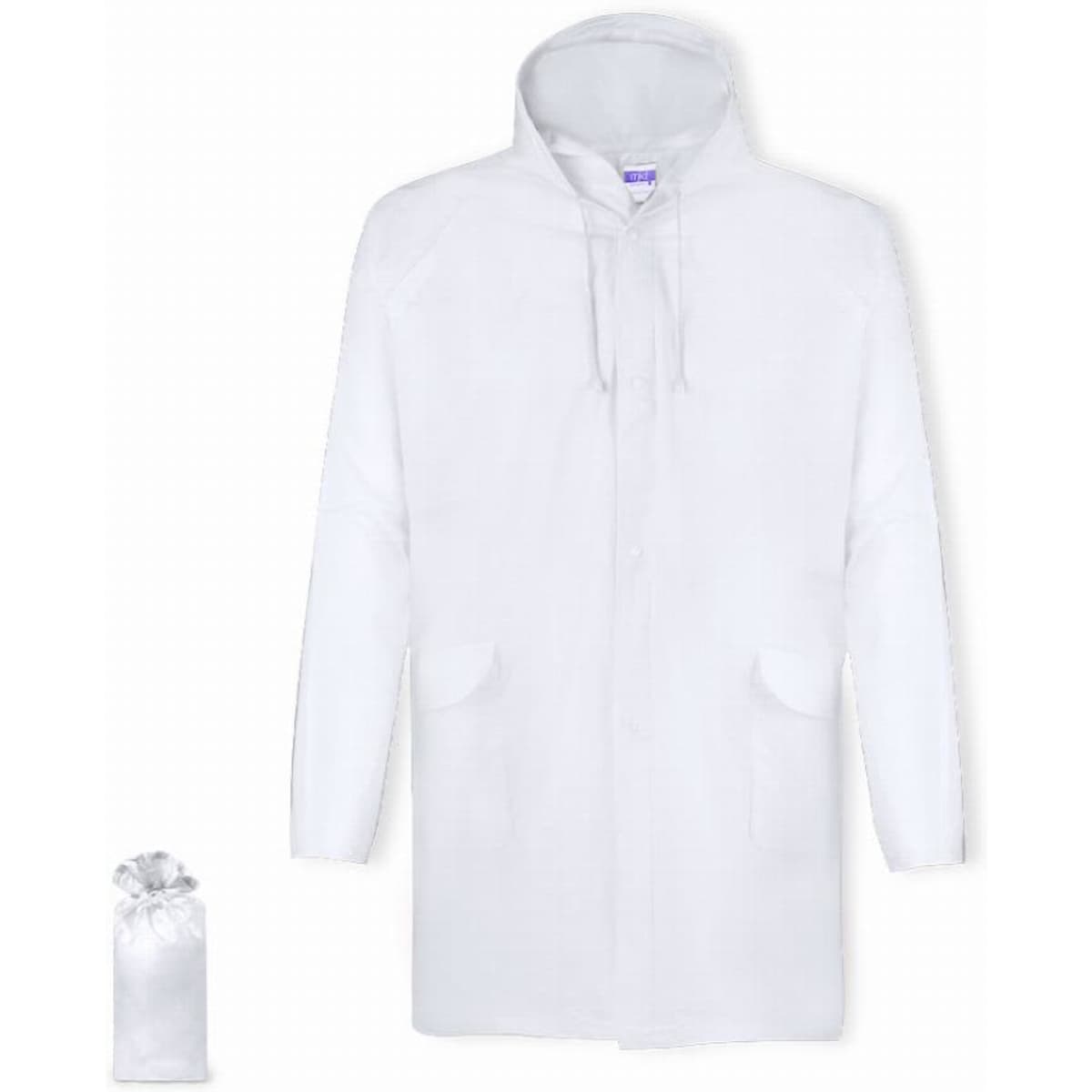 A white raincoat with a hood and two front pockets, accompanied by a small pouch for storage.