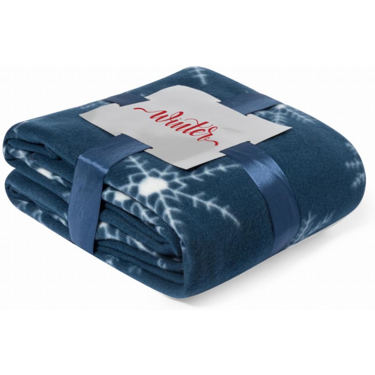 A folded blue fleece blanket with a snowflake pattern, wrapped in a ribbon. It has a tag featuring the word "Winter."