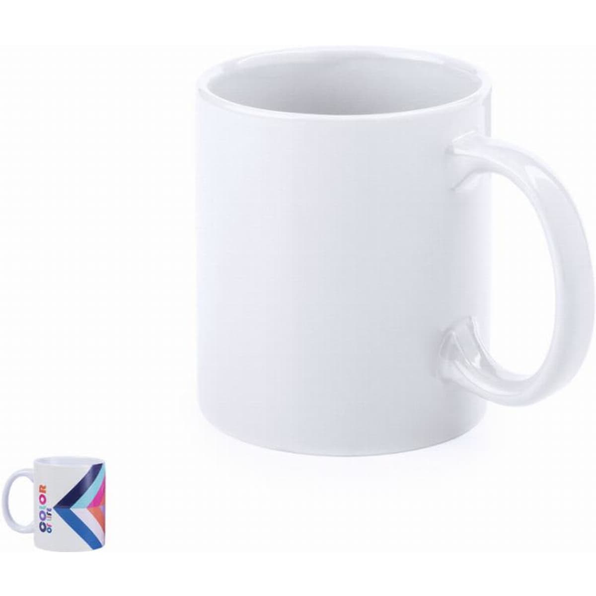 A white ceramic mug with a handle and a logo on the side, featuring blue, pink, and purple colours.