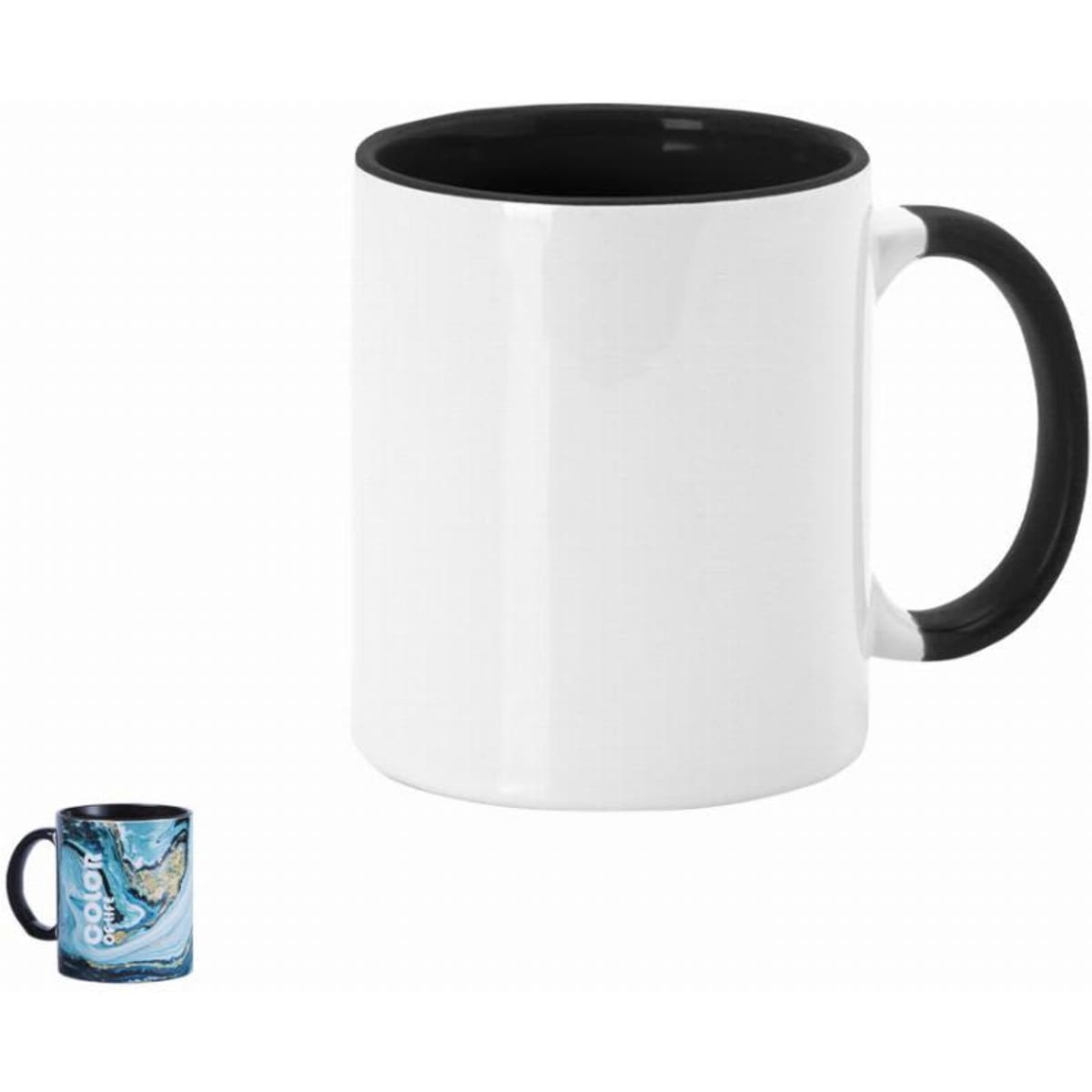 A drink mug with a white exterior and black handle, featuring a simple design and an unidentified logo.