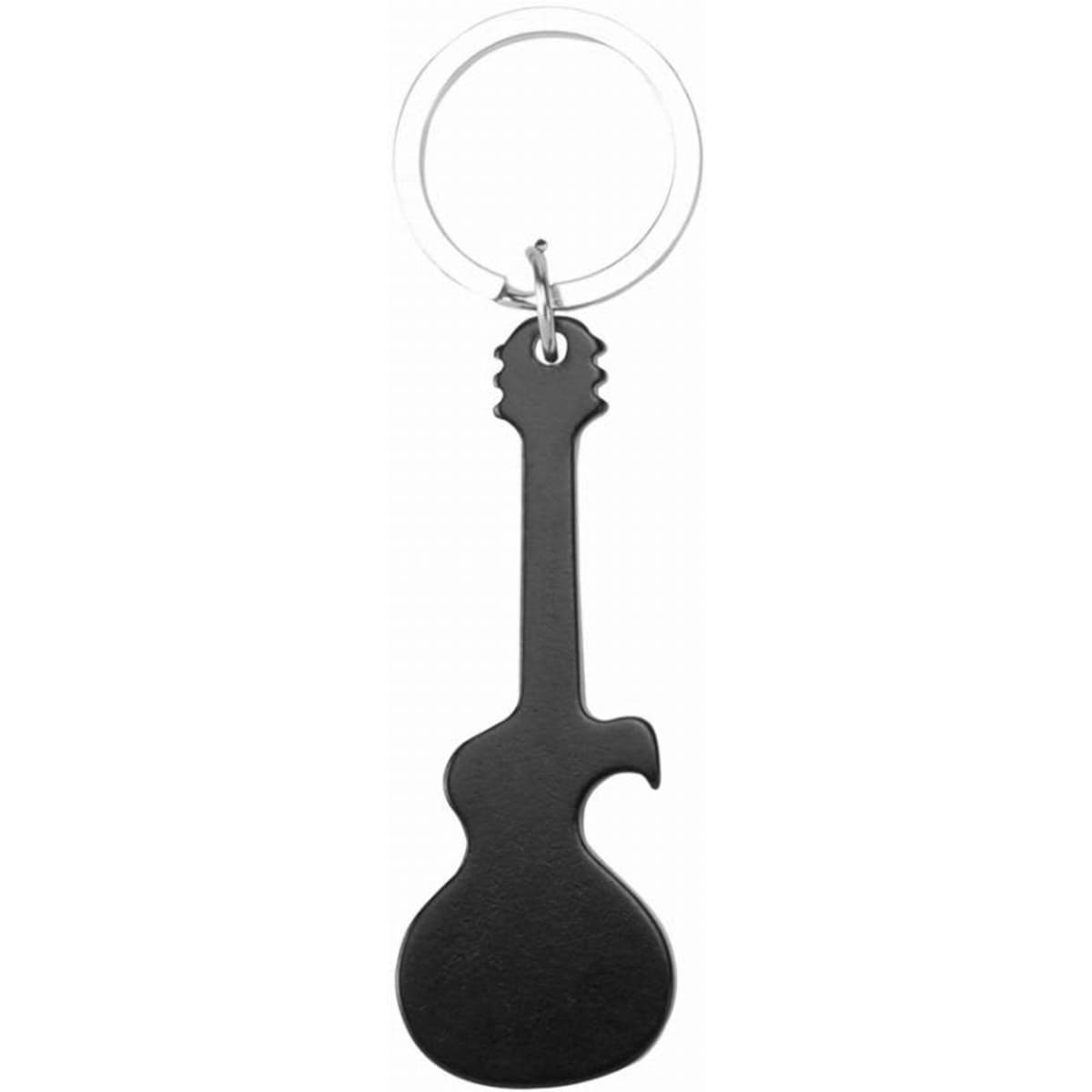 A keyring shaped like a black guitar, featuring a smooth silhouette design and a metal ring.