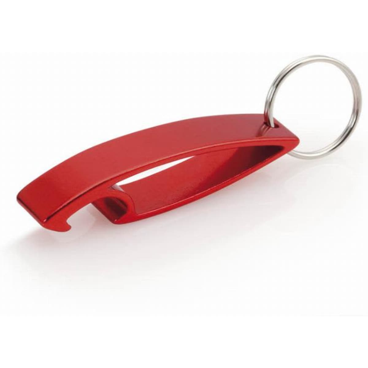 A red bottle opener keyring with a sleek design and a metal ring for attachment.