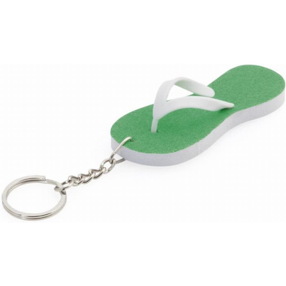 A keychain shaped like a green flip-flop, featuring a white sole and straps, attached to a metal chain.