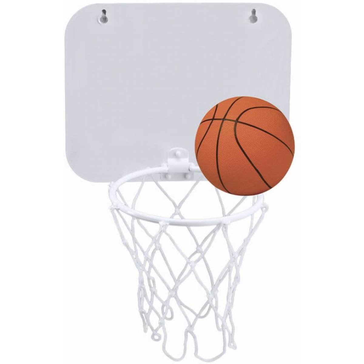 A basketball hoop with a white backboard and net, featuring an orange basketball.