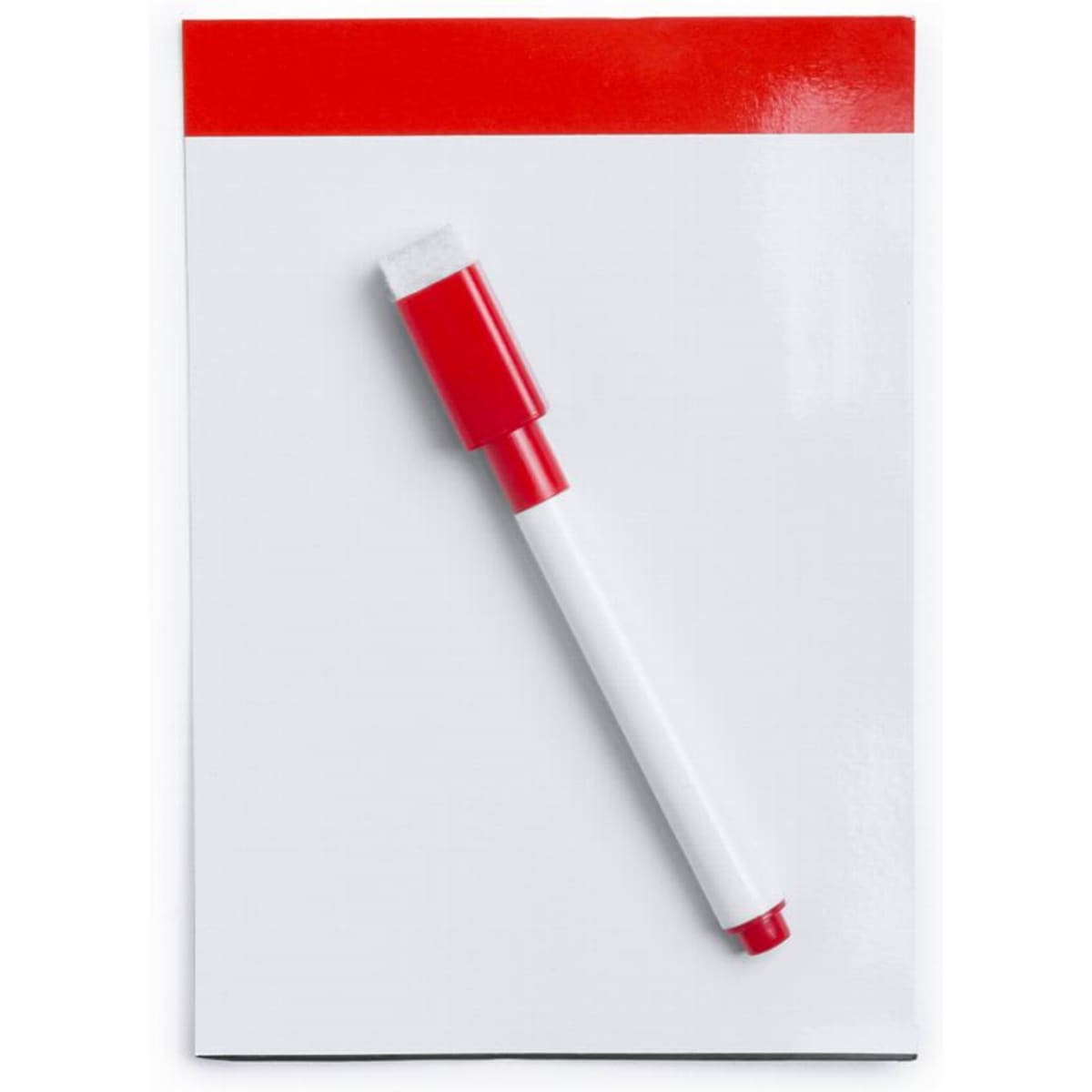 A notepad with a red top and a white body, accompanied by a red and white marker.