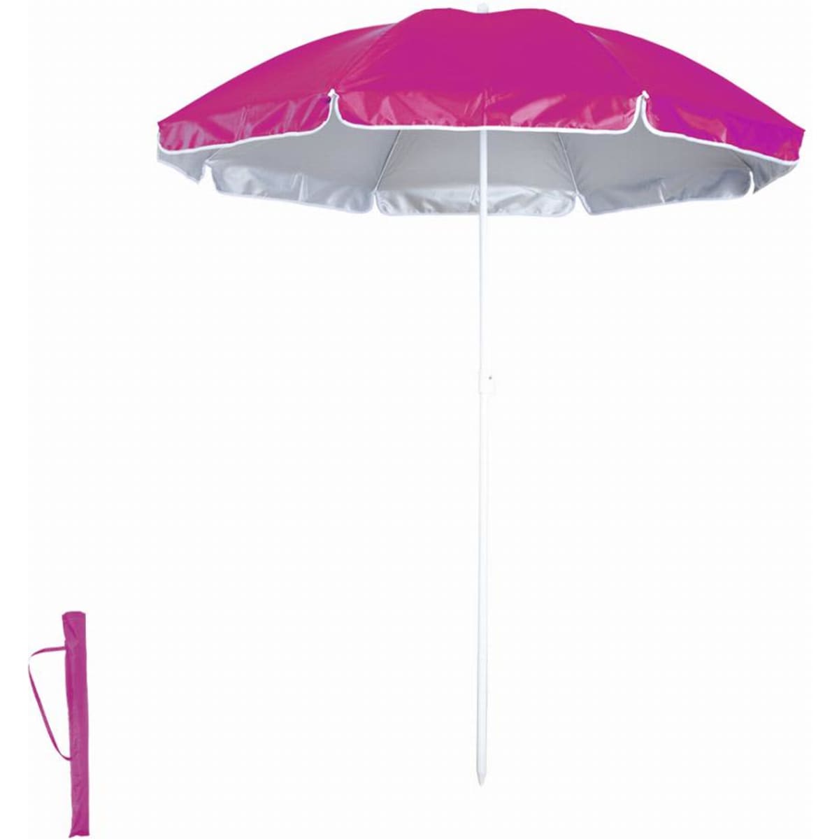 A beach umbrella in vibrant pink and white, featuring a central pole and a carrying sleeve.