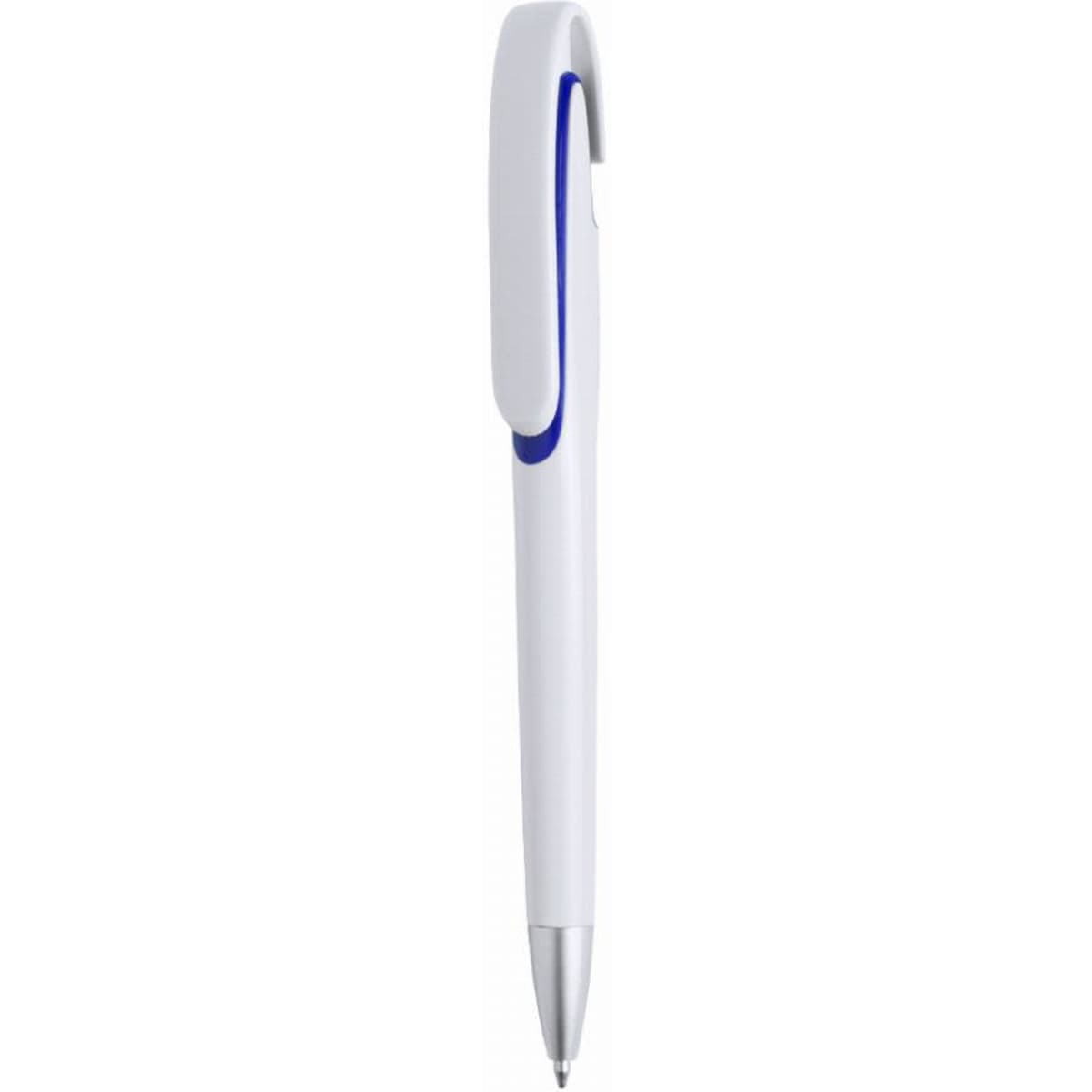 A white pen with a blue accent and a silver tip, featuring a clip on the top.