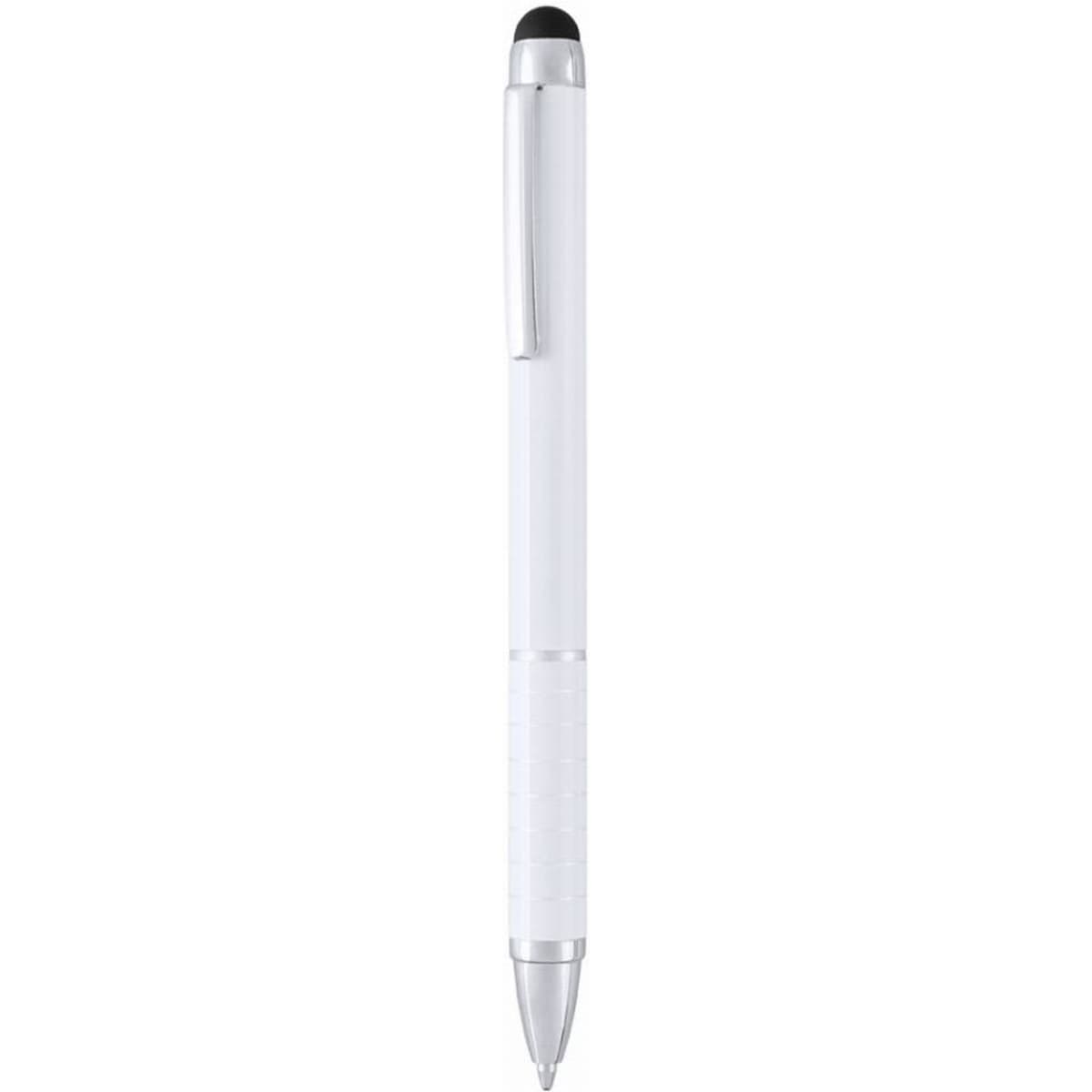 A white pen with a silver clip and a textured grip, featuring a stylus tip at the top. It has a logo present.