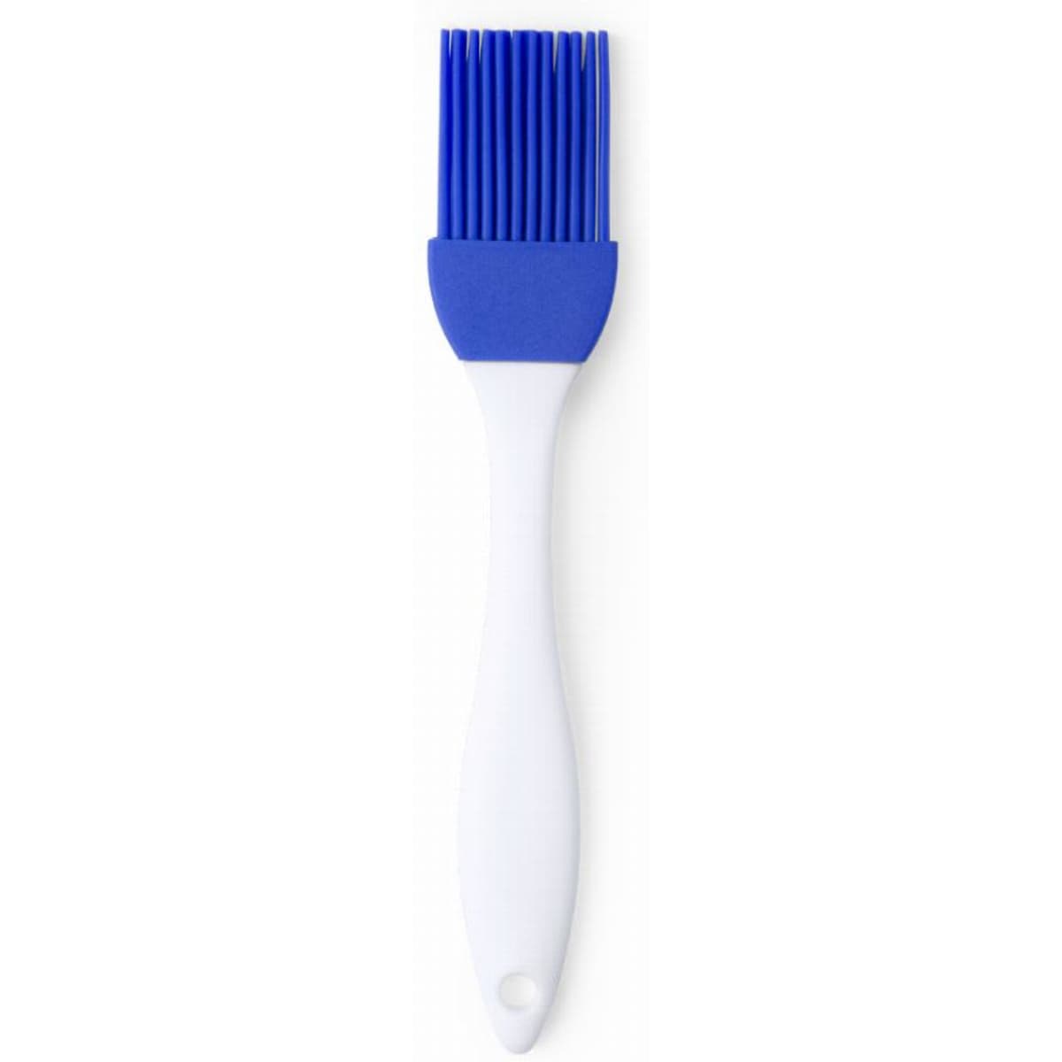 A baking brush with a blue silicone head and a white handle, featuring flexible bristles for easy application.