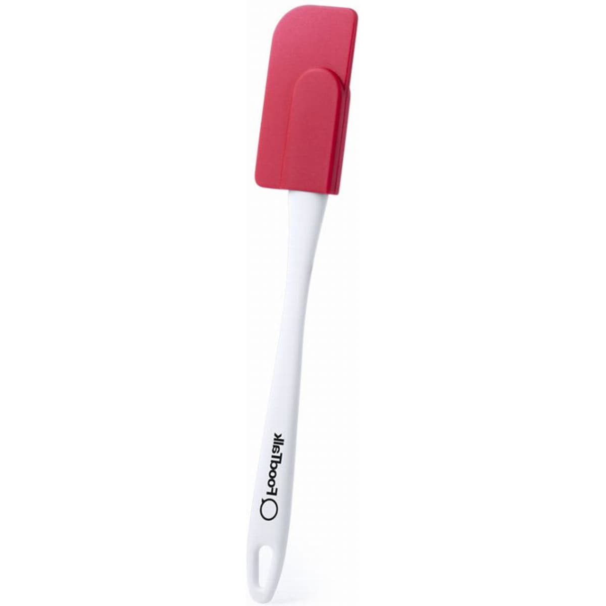 A spatula with a red silicone head and a white handle, featuring a logo on the handle.