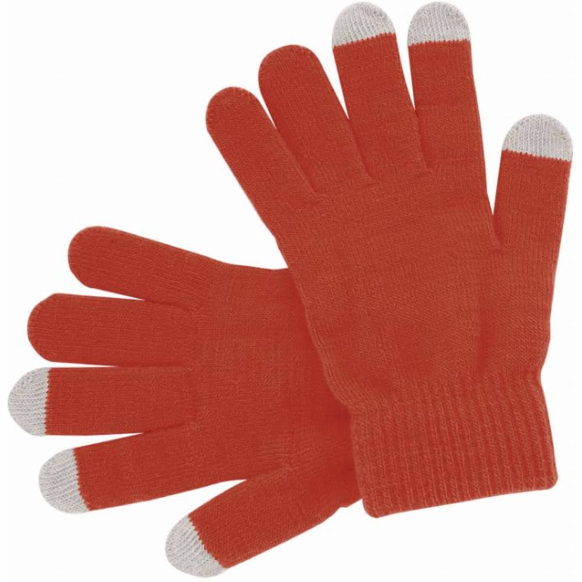 A pair of red gloves with grey tips on the fingers, laid flat against a light background.