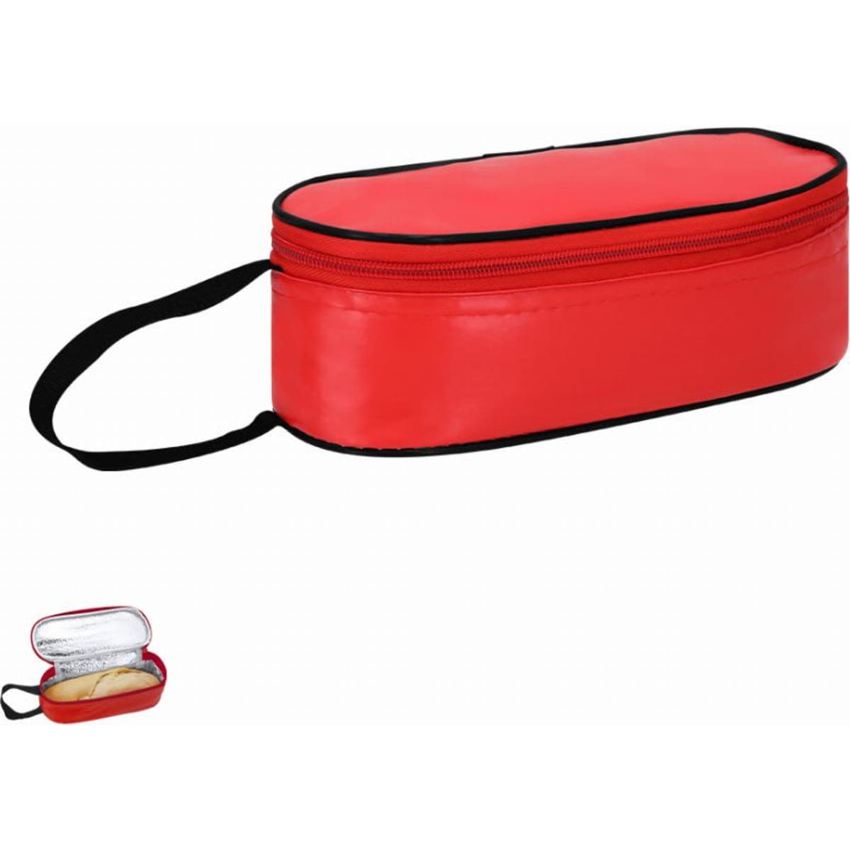A red zippered bag with a black trim and handle, featuring an open view showing its interior contents.