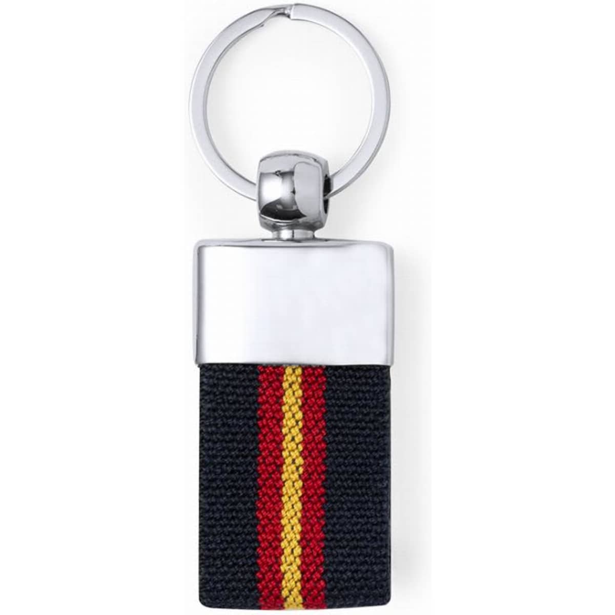 A keychain featuring a rectangular woven design in black, red, and yellow, attached to a metal ring.
