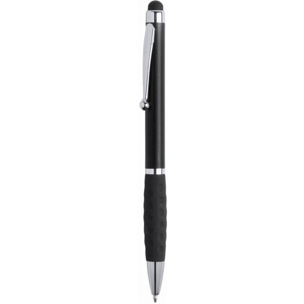 A black pen with a chrome clip and a textured black grip. It features a smooth writing tip and a stylus on the top.