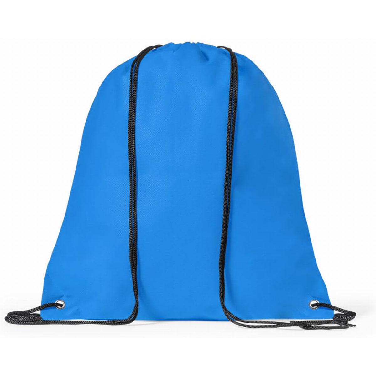 A blue drawstring bag with black cords, featuring a simple design and no visible branding.