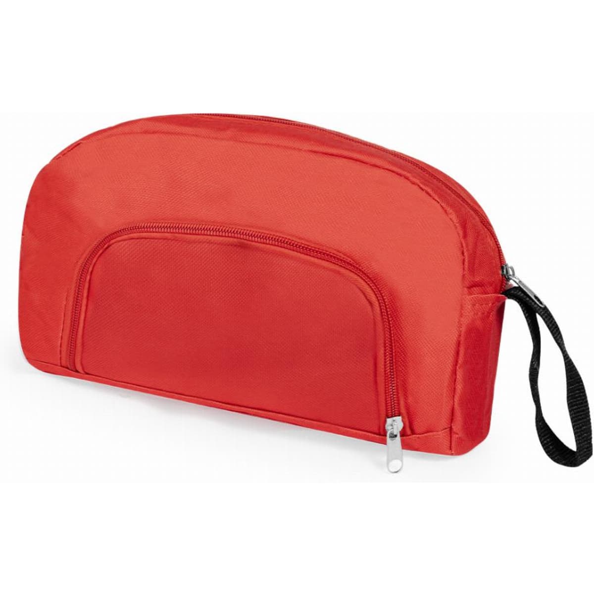 A red cosmetic bag with a zippered compartment and a wrist strap for easy carrying.