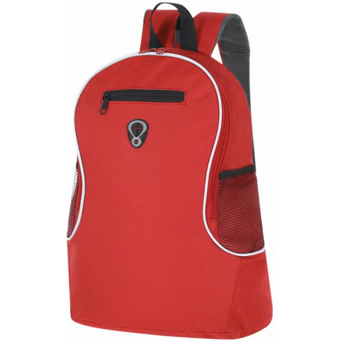 A red backpack with a zippered front pocket and mesh side pockets, featuring black straps and accents.