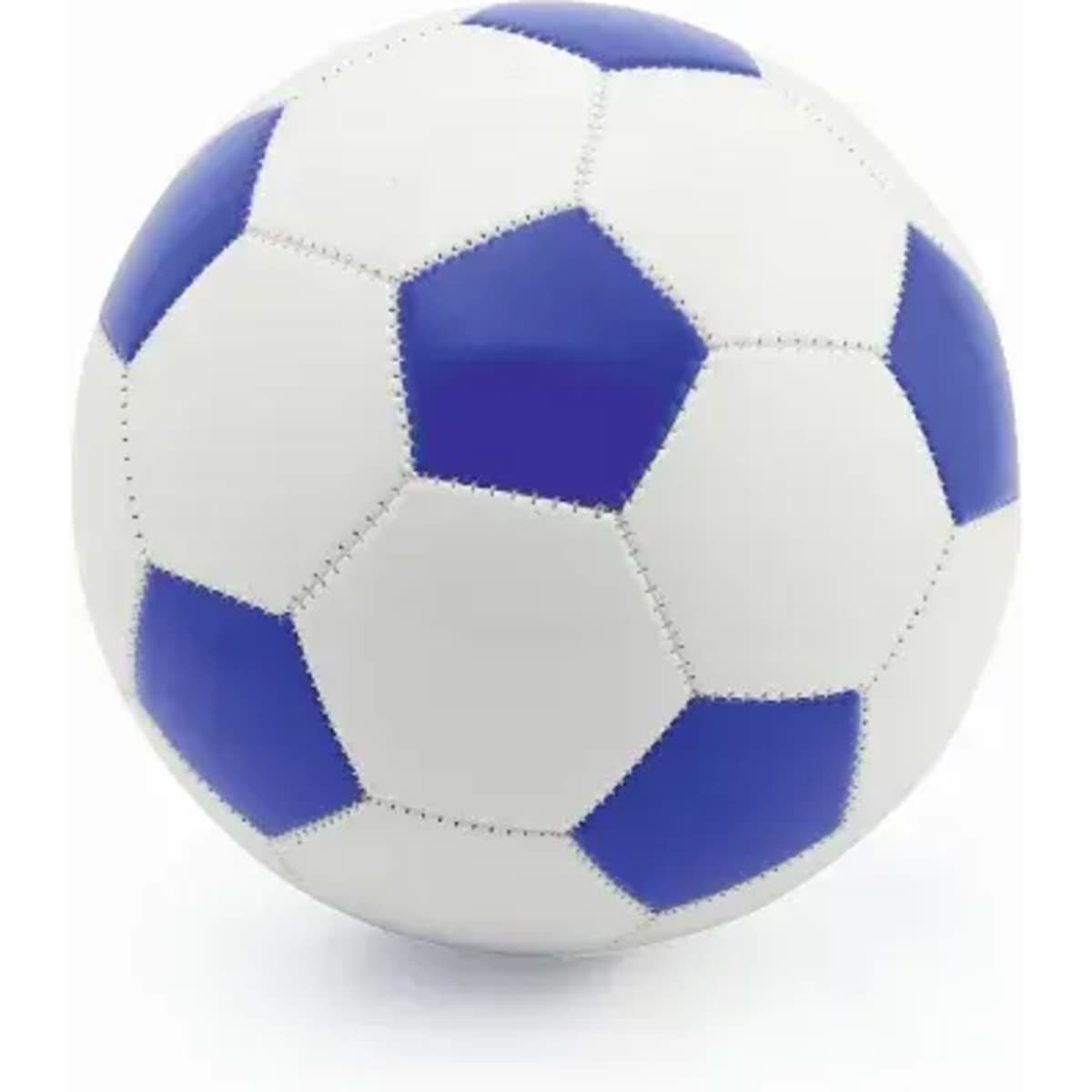 A soccer ball featuring blue and white hexagonal panels, with visible stitching details and a smooth surface.