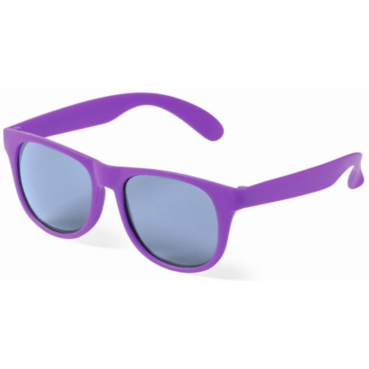 A pair of purple sunglasses with grey lenses and a classic square shape.