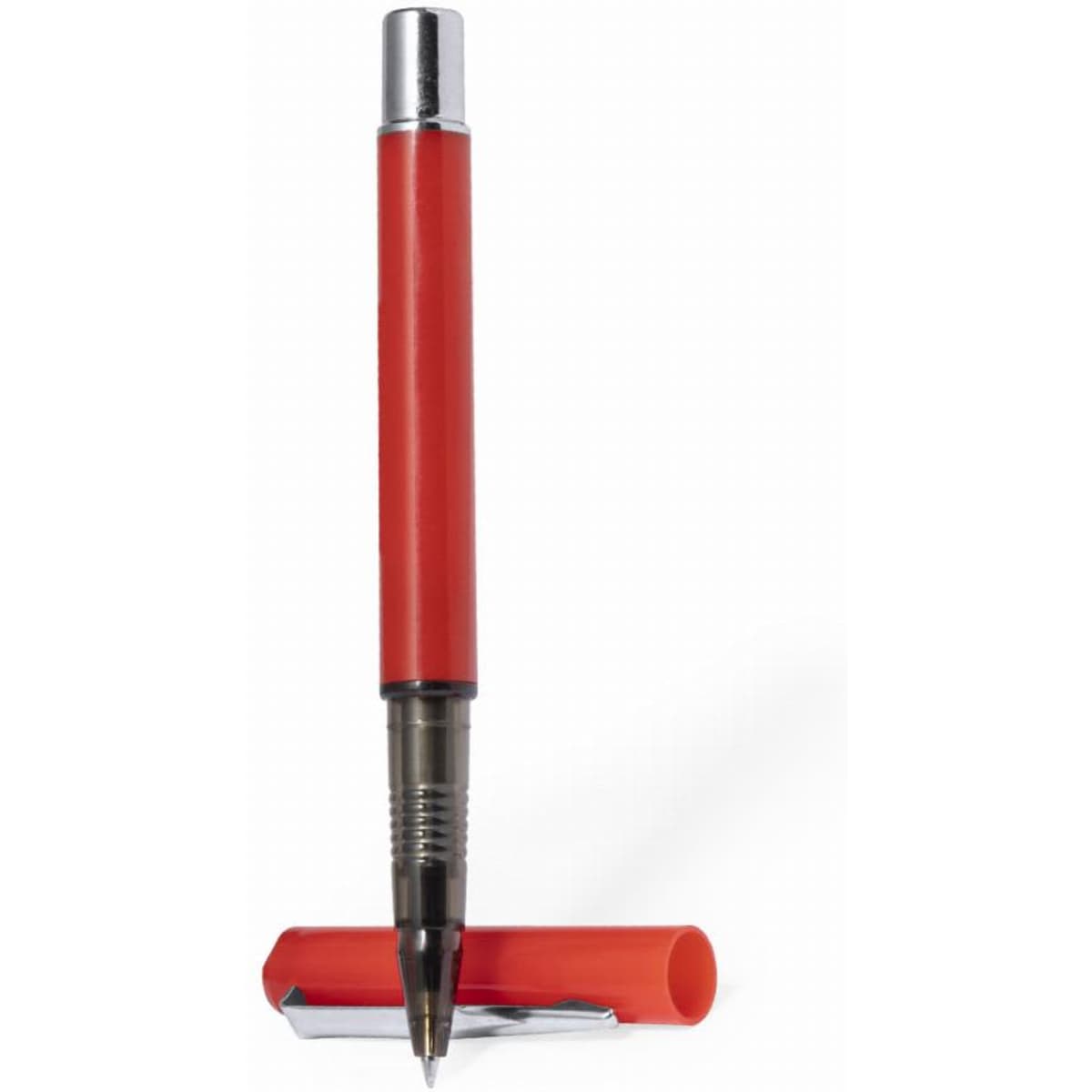 A red pen with a shiny silver clip and a removable cap. It features a smooth, sleek design.